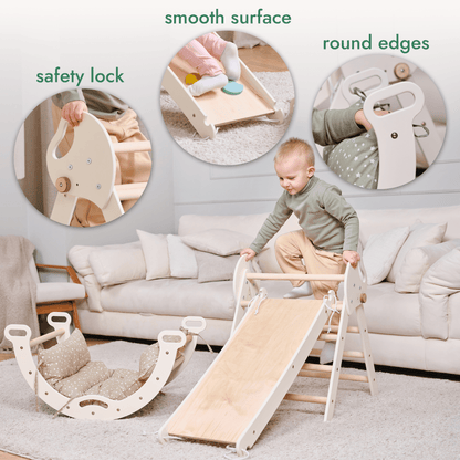 4in1 Montessori Climbing Frame: Pikler Triangle + Arch + Slide Board + Cushion for Toddlers (1–3 Years)