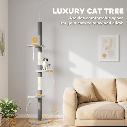 88.5"-100.5" Floor to Ceiling Cat Tree, Cat Tower with Scratching Posts, Cloud Shaped Platforms, Dangling Balls, Cream