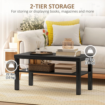 2 Tier Coffee Table with Storage Shelf, Rectangular Center Table for Living Room, Home Office Furniture Walnut