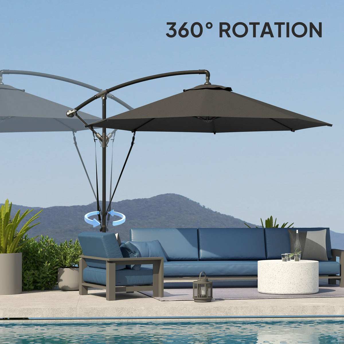 9.5' Cantilever Umbrella with Wind Protection Strap and Cover, Hanging Umbrella with Crank and Cross Base, UPF 50+, Grey