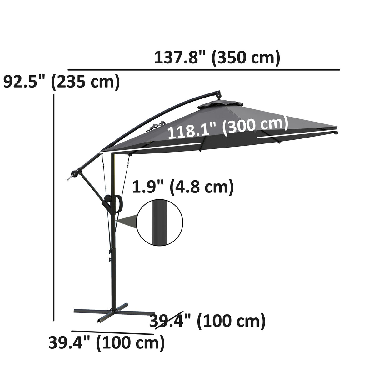 118.1" Patio Offset Umbrella with Cover and Wind Protection Strap,with Crank Handle and Tilt, UPF50+, Grey