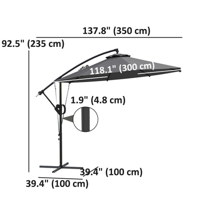118.1" Patio Offset Umbrella with Cover and Wind Protection Strap,with Crank Handle and Tilt, UPF50+, Grey