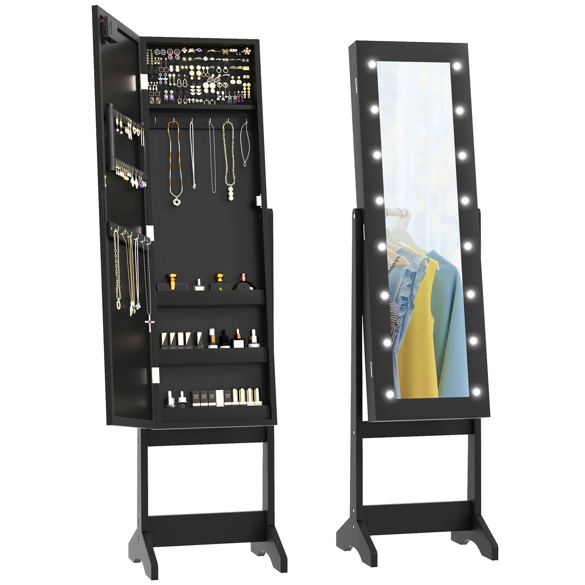 Free Standing Armoire Organizer, Lighted Mirrored Jewelry Cabinet w/ Angle Adjustable & 16 LED Lights Warm White