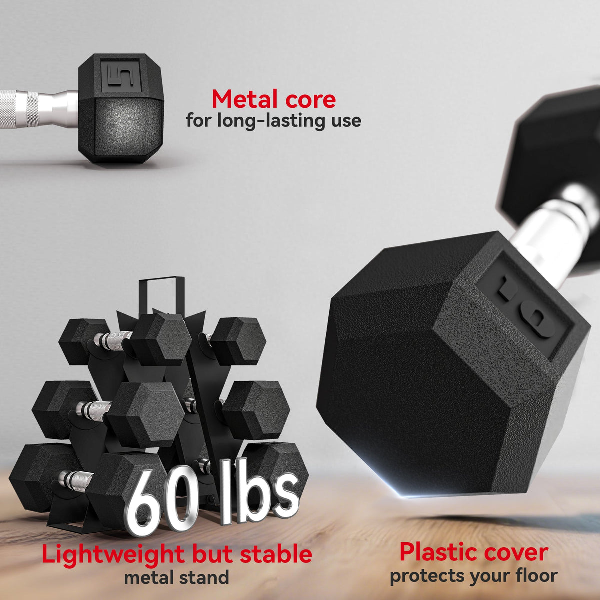 60 LBS Hex Dumbbell Set with Rack, Rubber Coated Weights with Non-Slip Handles for Home Gym Strength Training