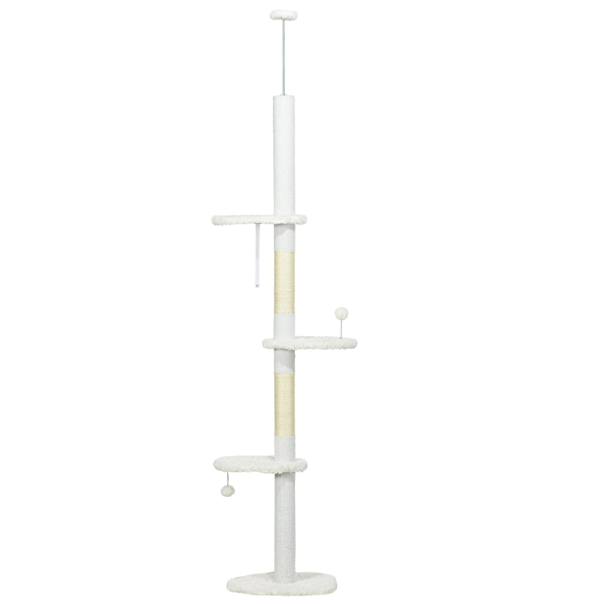 88.5"-100.5" Floor to Ceiling Cat Tree, Cat Tower with Scratching Posts, Cloud Shaped Platforms, Dangling Balls, Cream