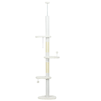 88.5"-100.5" Floor to Ceiling Cat Tree, Cat Tower with Scratching Posts, Cloud Shaped Platforms, Dangling Balls, Cream
