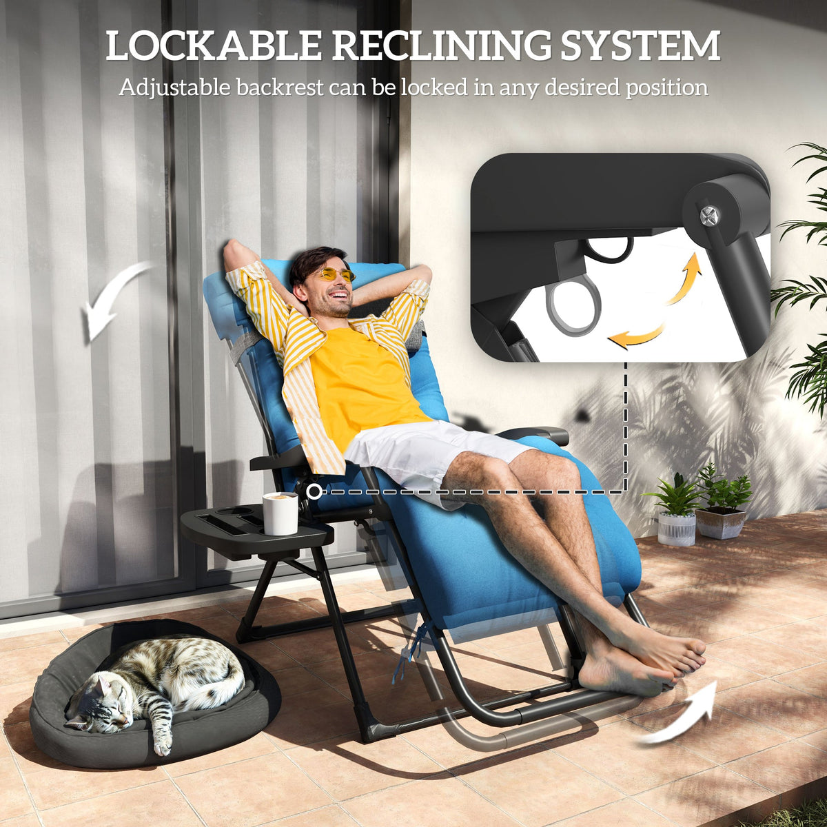 Padded Folding Recliner Chair, Patio Lounger with Cupholder, Adjustable Backrest, Removable Cushion, Black