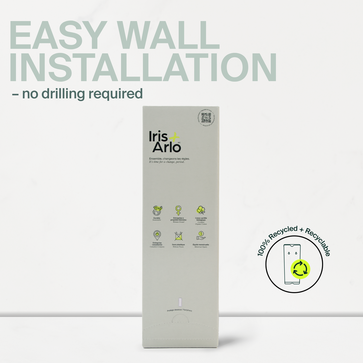Wall-Mounted Cardboard Dispenser, 100% Organic Cotton Pantyliners