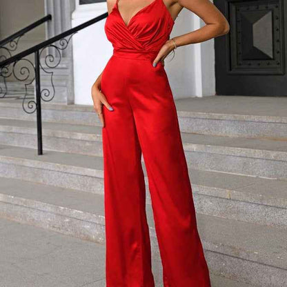 Fitted-waist Strapless Chic V-neck Wide-leg Jumpsuit