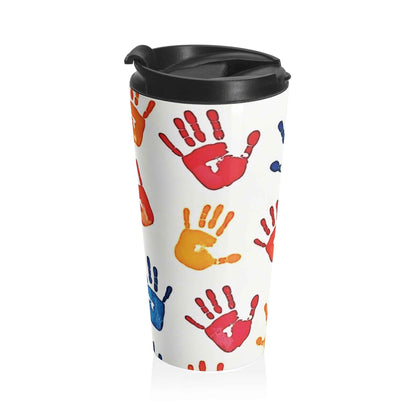 Colorful Handprint Stainless Steel Travel Mug — Kids Art Pattern, Spill‑Resistant Coffee Tumbler