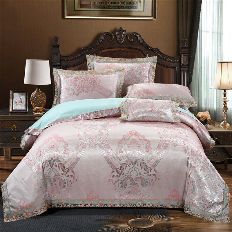 Jacquard Cotton Four‑Piece Luxury Bedding Set – Pure Cotton Duvet Cover &amp; Silk‑Satin Finish Bed Sheet