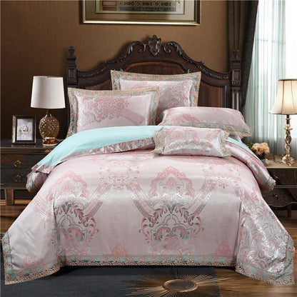 Jacquard Cotton Four‑Piece Luxury Bedding Set – Pure Cotton Duvet Cover &amp; Silk‑Satin Finish Bed Sheet