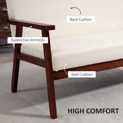 Compact Loveseat Sofa Couch Linen Fabric Double Seat Sofa with Rubber Wood Legs Cream White