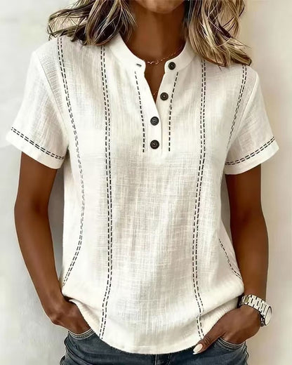 Summer Striped Short-Sleeve Shirts Casual Stand-Collar V-neck Button Blouse Womens Clothing