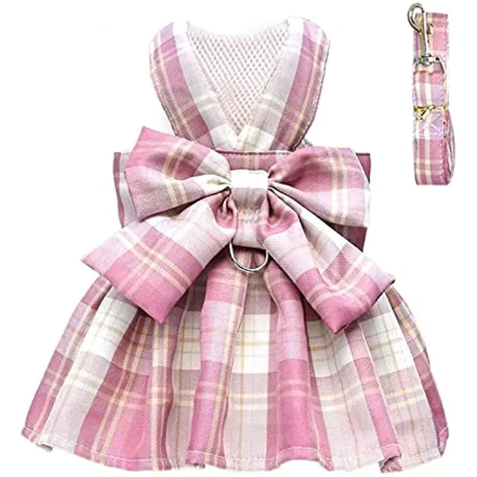 Elizabeth Bow Dog Harness Dress Set | Harness Dress and Leash Set