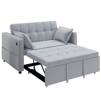 3‑in‑1 Convertible Sofa Bed, Pull Out Sleeper Sofa with USB Charging, Adjustable Backrest, Side Pockets, Beige