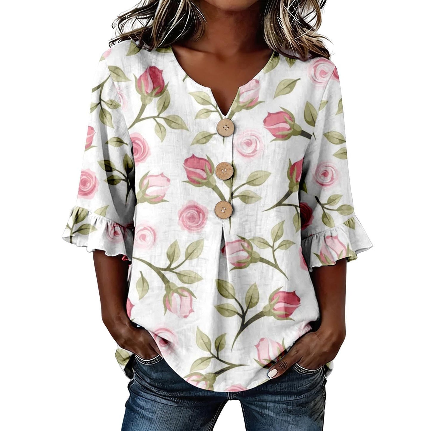 Womens Three-quarter-sleeve Buttoned Blouse With A Floral Pattern