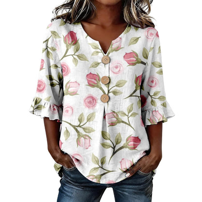 Womens Three-quarter-sleeve Buttoned Blouse With A Floral Pattern
