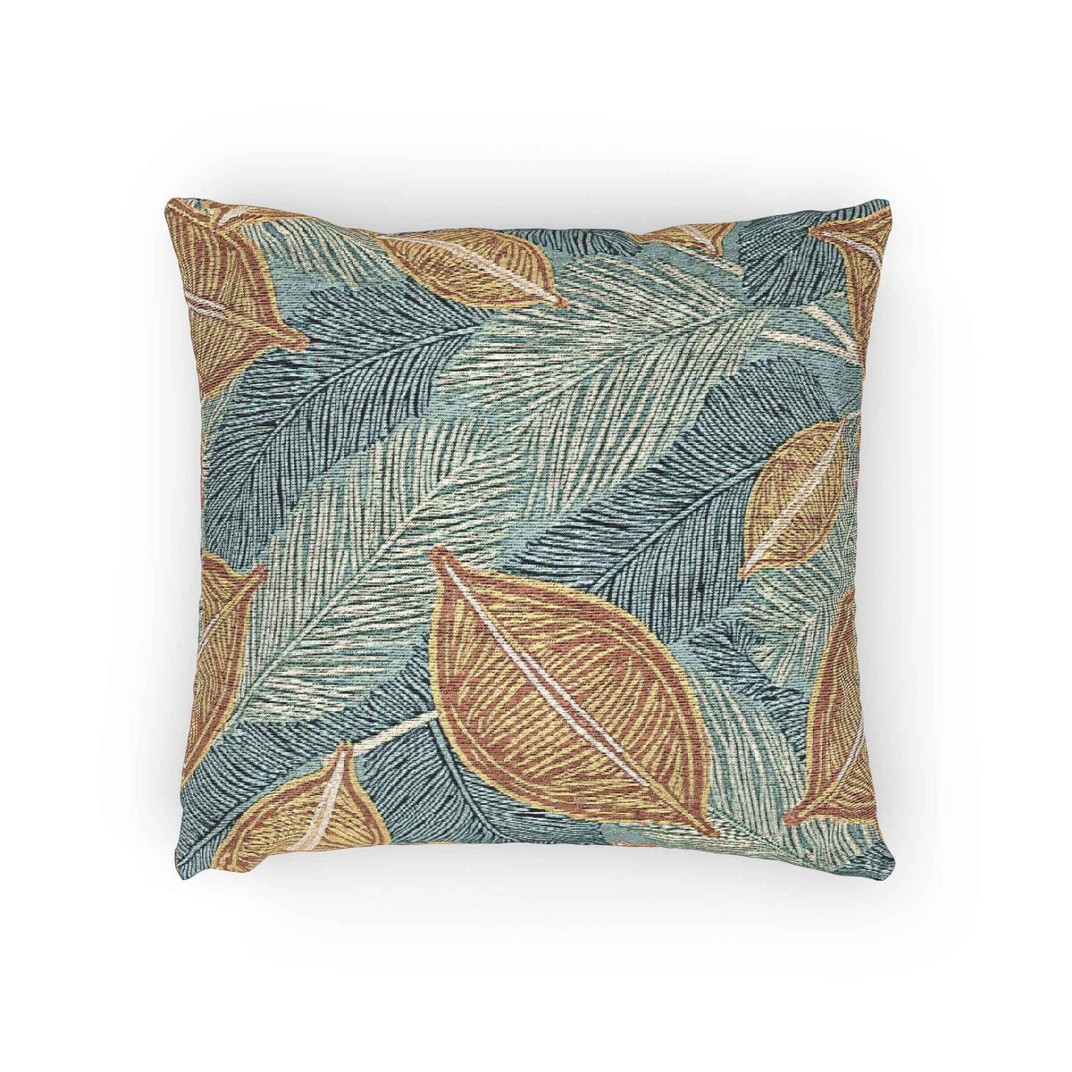 Tropical Leaf Woven Pillow | Teal Rust Boho Decorative Throw