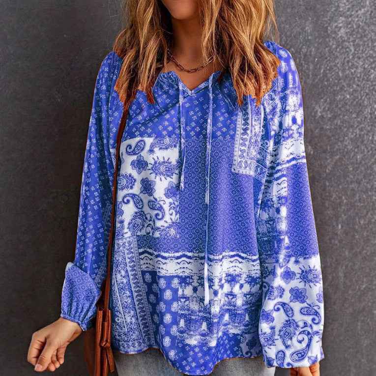 Women's Long-sleeved Printed Ethnic Blouse T-shirt Shirt