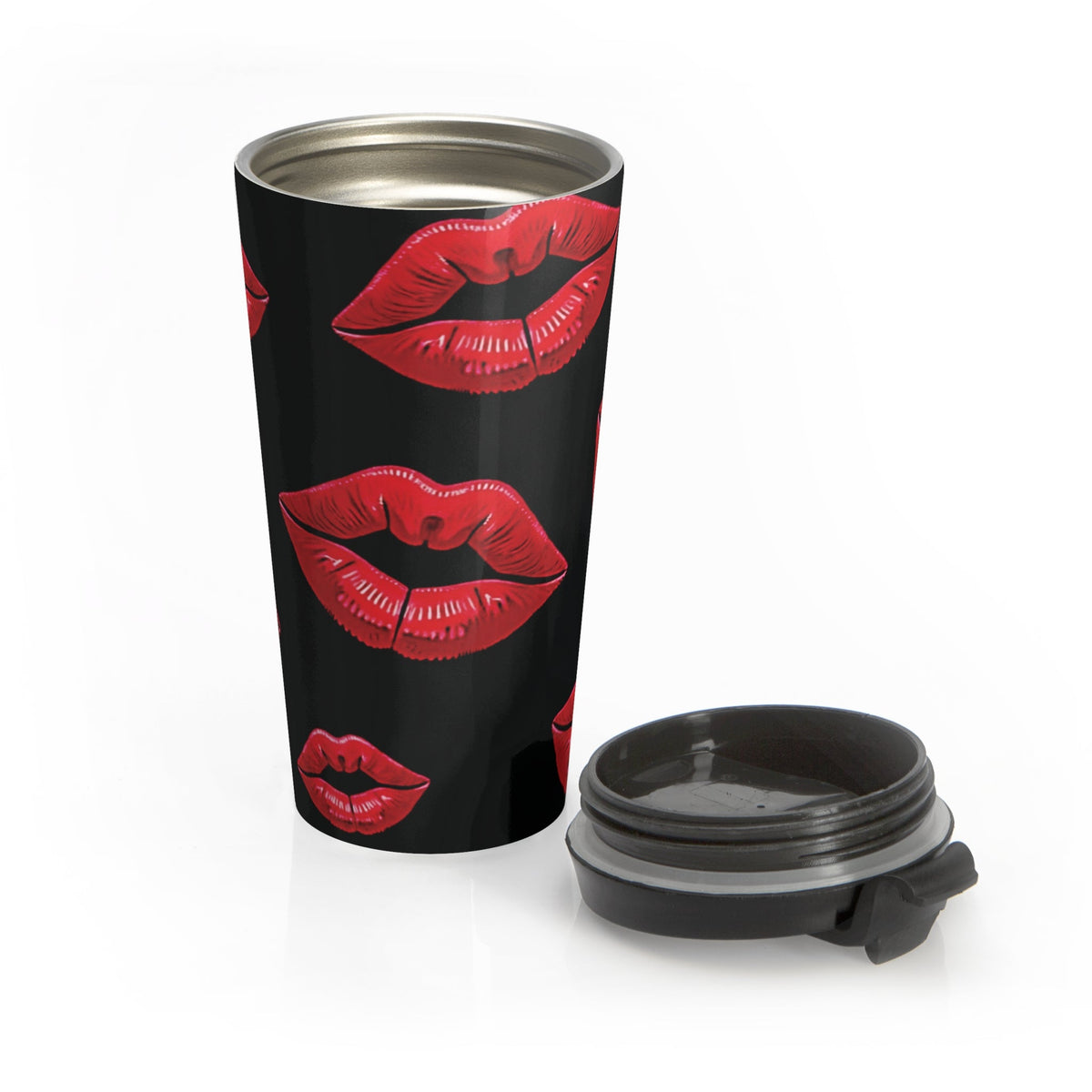 Red Lipstick Kiss Pattern Travel Mug | Black Stainless Steel