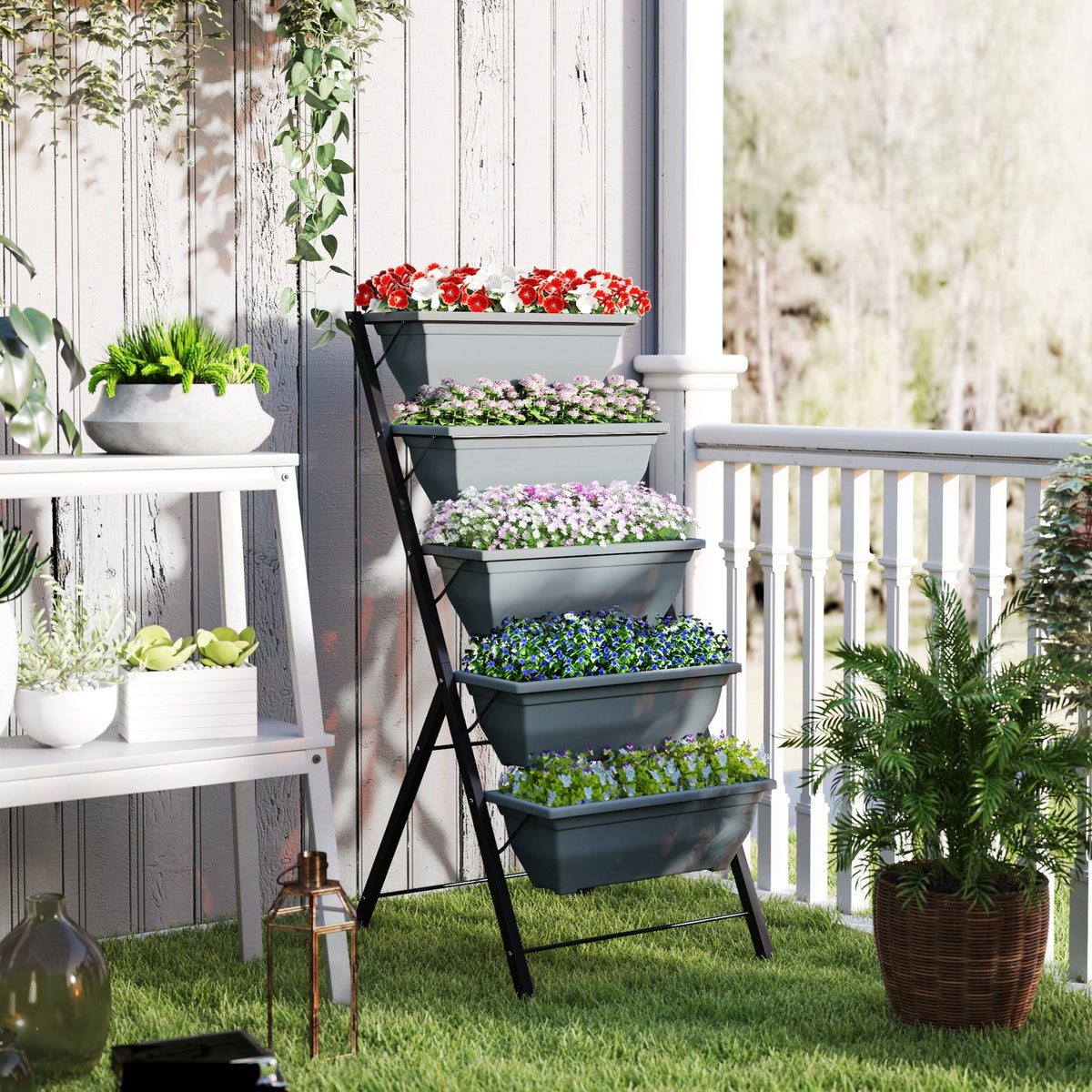5-Tier Raised Garden Bed with 5 Planter Box, Outdoor Plant Stand Grow Containers with Leaking Holes, Black