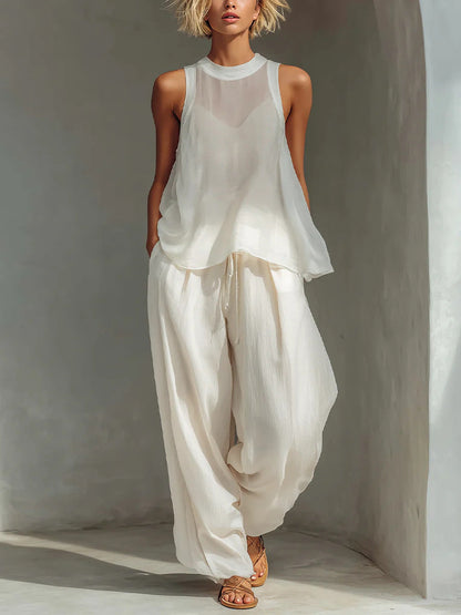 Sheer Round-neck Sleeveless Tank Top And Drawstring Wide-leg Pants Set