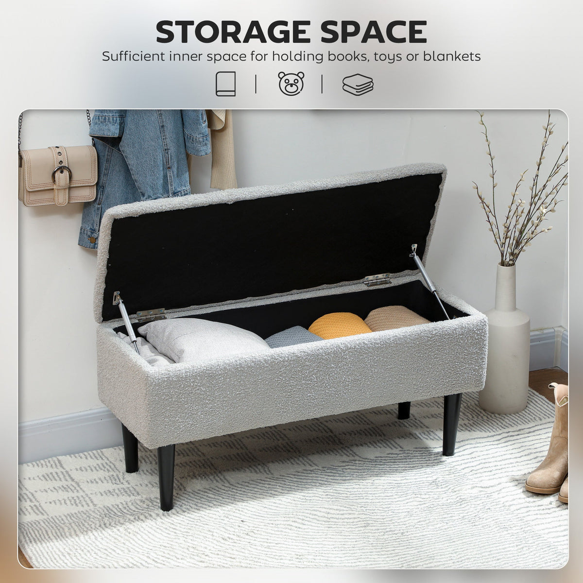 Modern Storage Bench, Ottoman with Storage and Lamb's Wool Upholstery for Living Room, Bedroom, Black