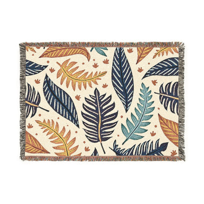 Tropical Leaf Woven Blanket — Boho Botanical Throw for Living Room, Bed, or Outdoor Picnics