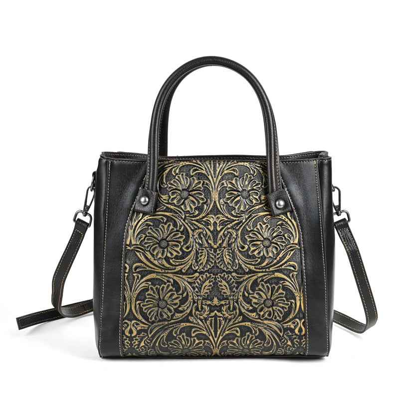 Single-shoulder Slanted-top Full-grain Leather Tote Bag With Leather Carving