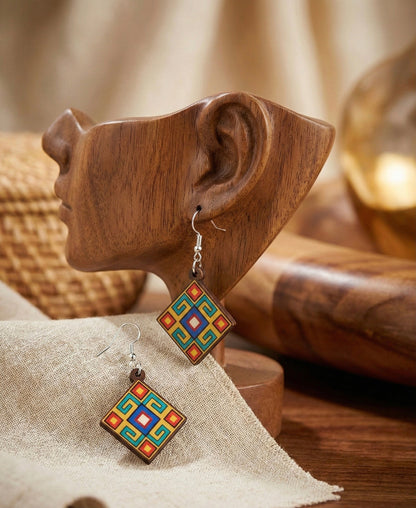 Painted blue and mustard Wood Earrings with Diamond shape