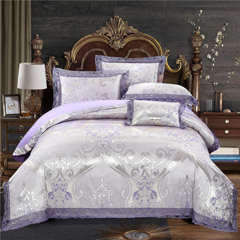 Jacquard Cotton Four‑Piece Luxury Bedding Set – Pure Cotton Duvet Cover &amp; Silk‑Satin Finish Bed Sheet