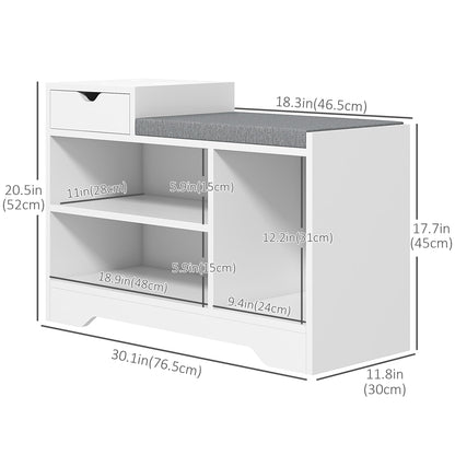 Upholstered Shoe Storage Bench, Hallway Shoe Storage with Seat, Drawer, 3 Open Shelves for Entryway, Grey