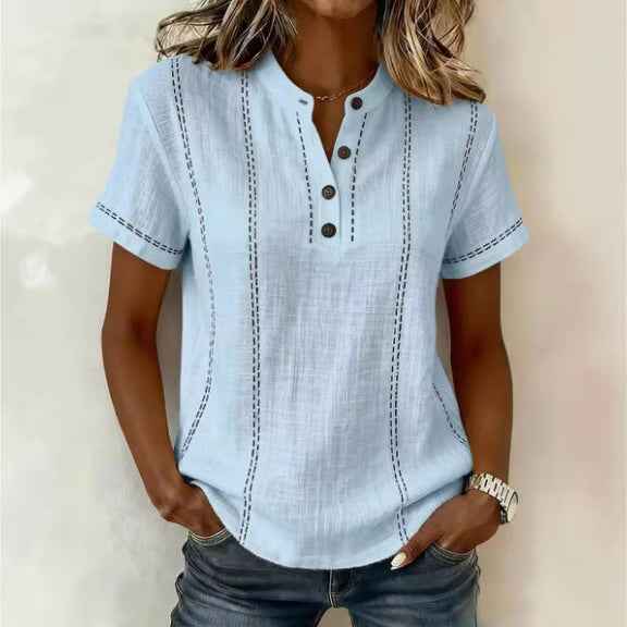 Summer Striped Short-Sleeve Shirts Casual Stand-Collar V-neck Button Blouse Womens Clothing