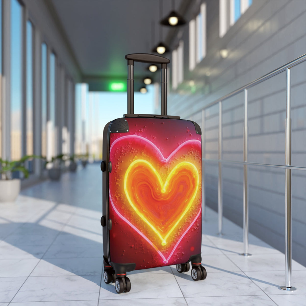 Neon Heart Suitcase - Bright Pink & Yellow LED-Look Carry-On Travel Luggage