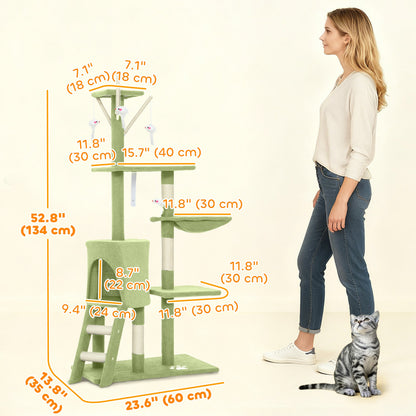 53" Cat Tree Tower, Kitten Activity Centre with Scratching Posts, Condo, Perches, Ladder, Hammock, Dangling Toys, Grey