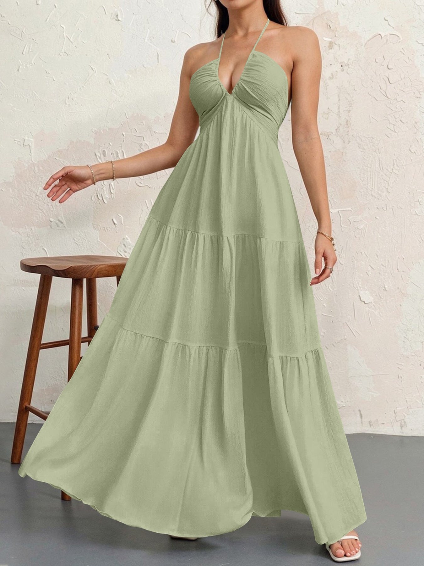 Backless Halterneck V-Neck Pleated A- Line Dress Women's Clothing One-Piece Dress Ankle-length Skirt For Beach Vacation Outfits