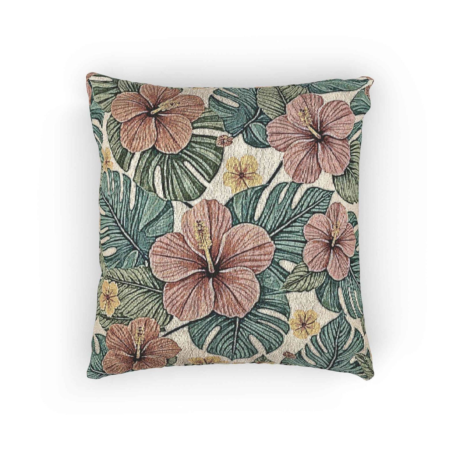 Hibiscus Tropical Floral Woven Pillow | Botanical Throw Cushion