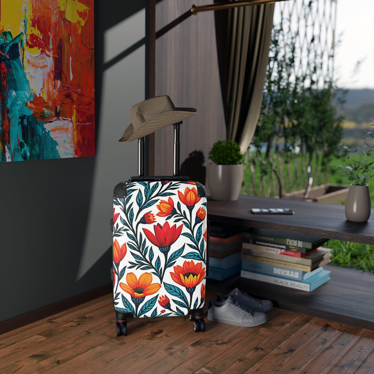Floral Traveler Suitcase – Bold Red & Orange Tulip Print Carry-On