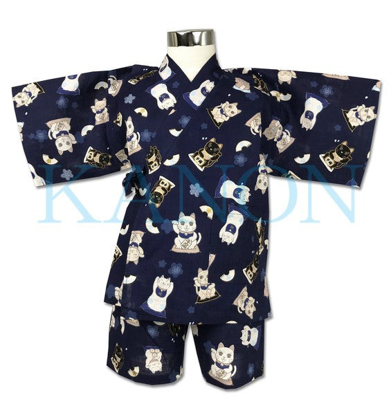 [Pre-Order] Girls' Jinbei Set: Lucky Cat - Navy 2-Piece Set (Textured Cotton) (Save 10% in March)