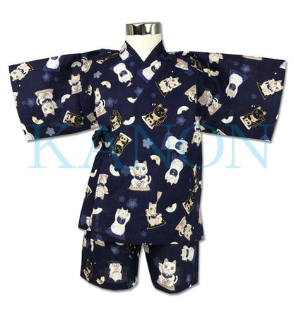 [Pre-Order] Girls' Jinbei Set: Lucky Cat - Navy 2-Piece Set (Textured Cotton) (Save 10% in March)