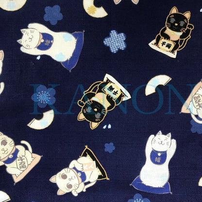 [Pre-Order] Girls' Jinbei Set: Lucky Cat - Navy 2-Piece Set (Textured Cotton) (Save 10% in March)