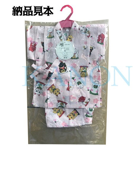 [Pre-Order] Girls' Jinbei Set: Lucky Cat - Navy 2-Piece Set (Textured Cotton) (Save 10% in March)