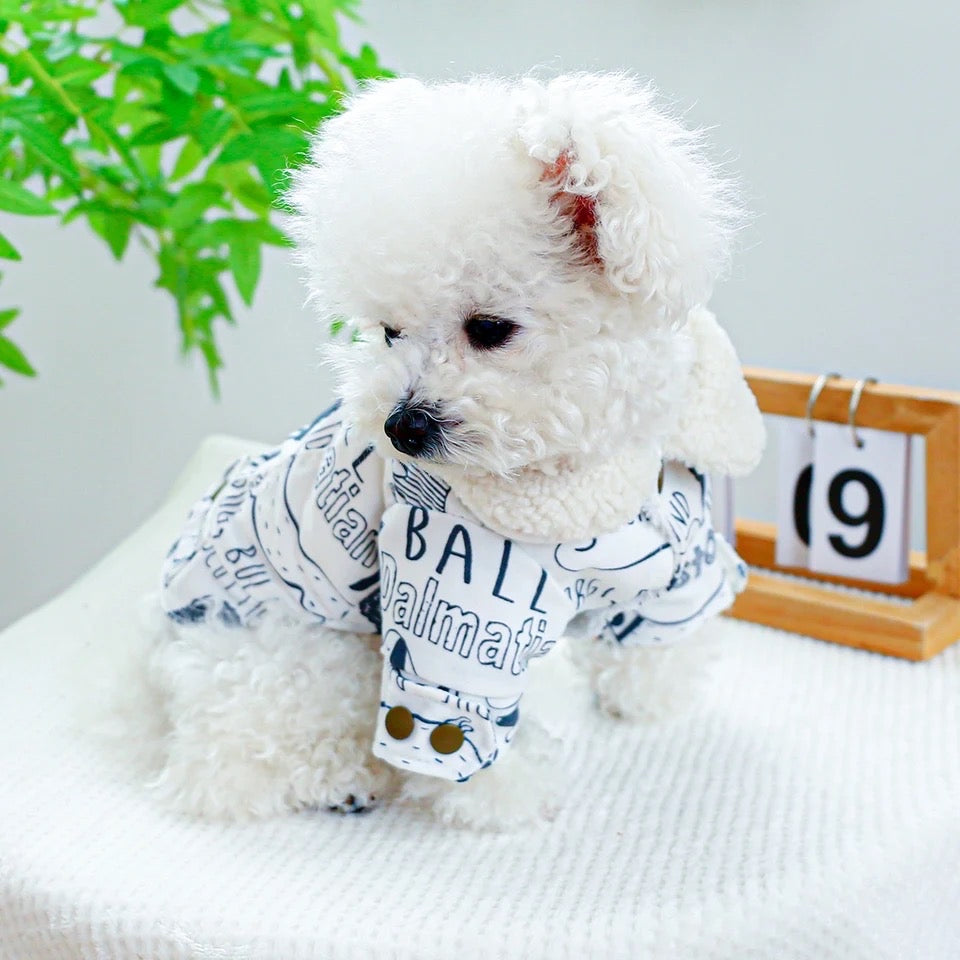 Sketch Print Dog Coat | Warm Dog Coat with Fur Trim