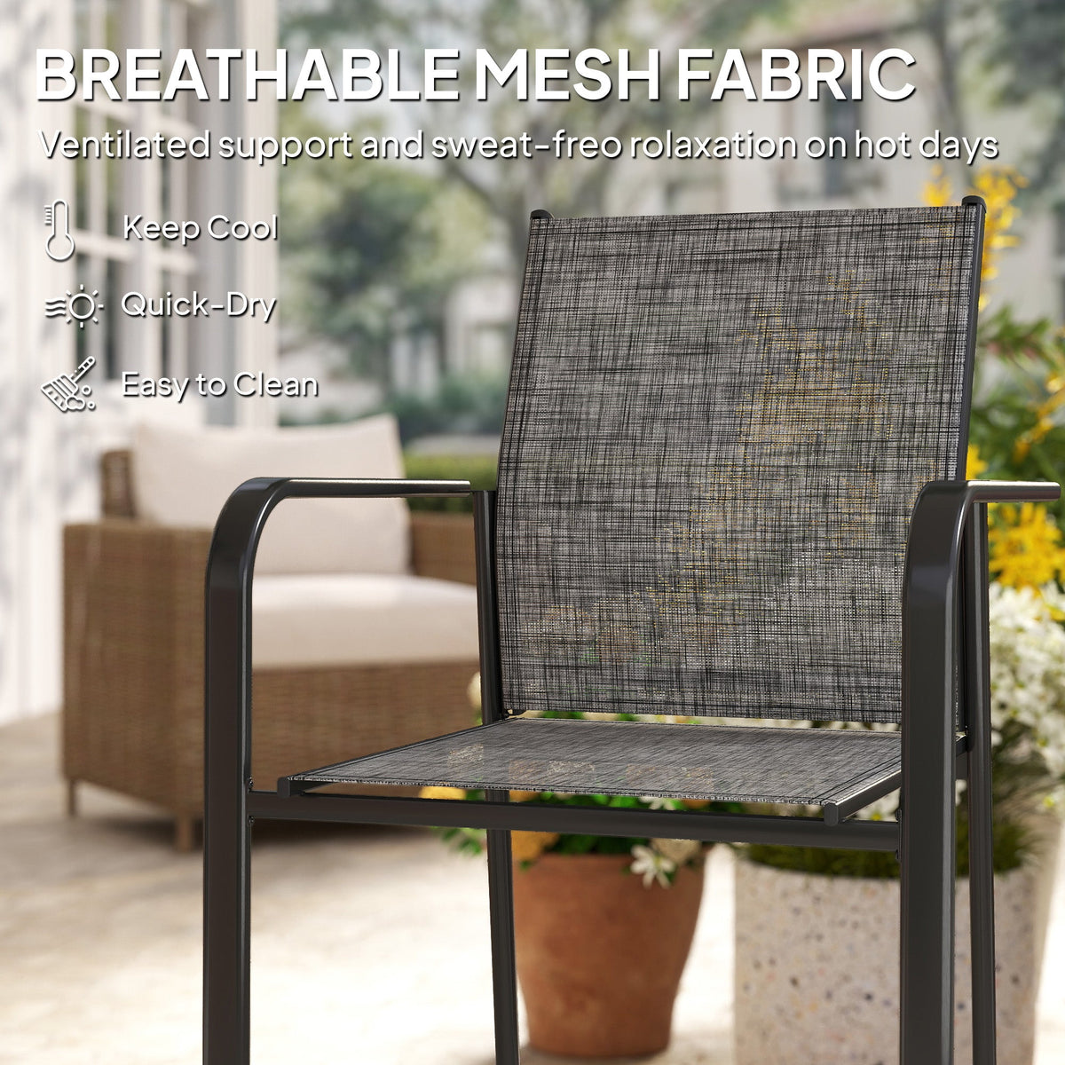 Stackable Patio Chairs Set of 4, Outdoor Dining Chairs with 20" Deep Seat, All Weather Breathable Mesh, Armrests, Black