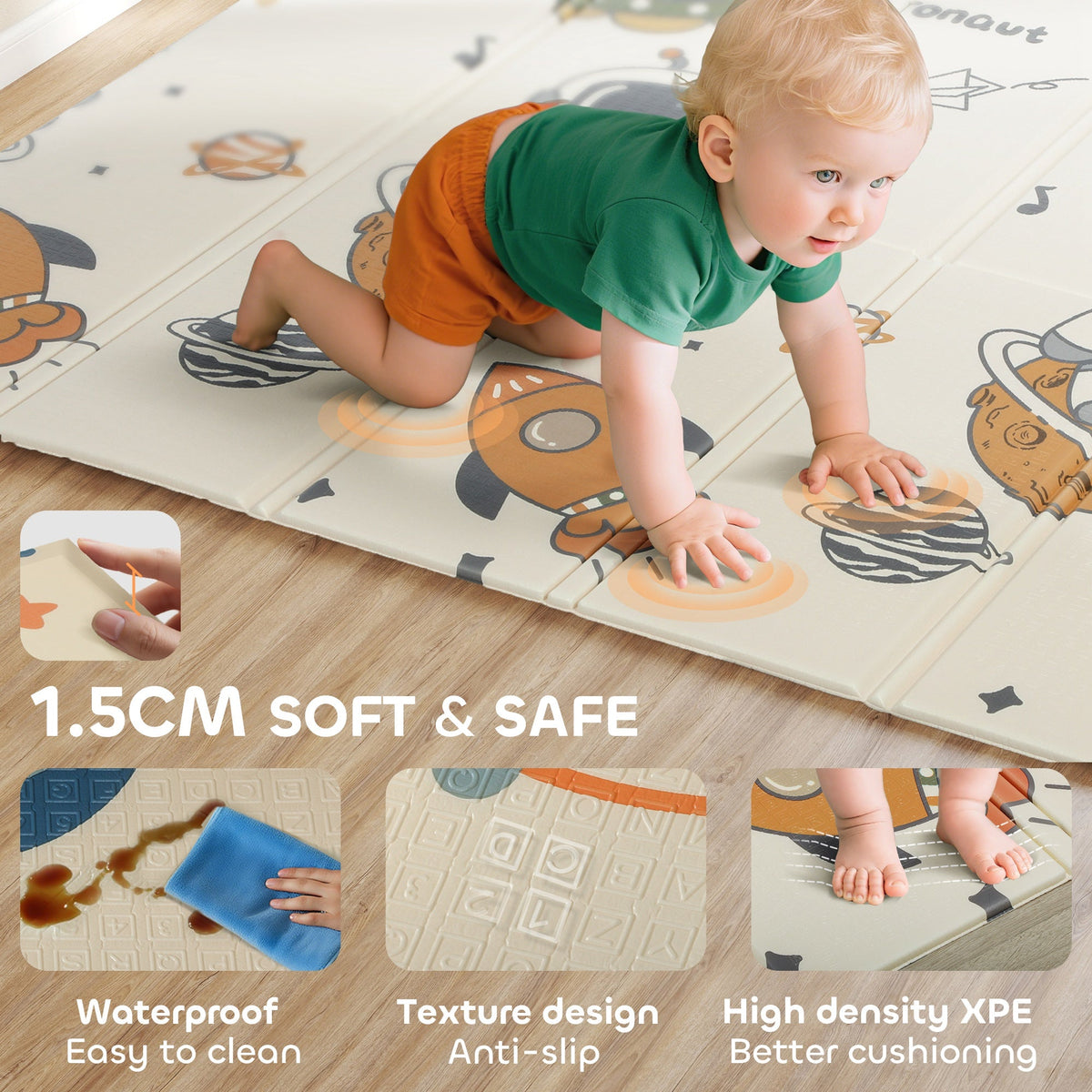 Foldable Baby Plat Mat, 77" x 69" Kids Floor Mat for Crawling and Learning, Astronaut & Planet Theme