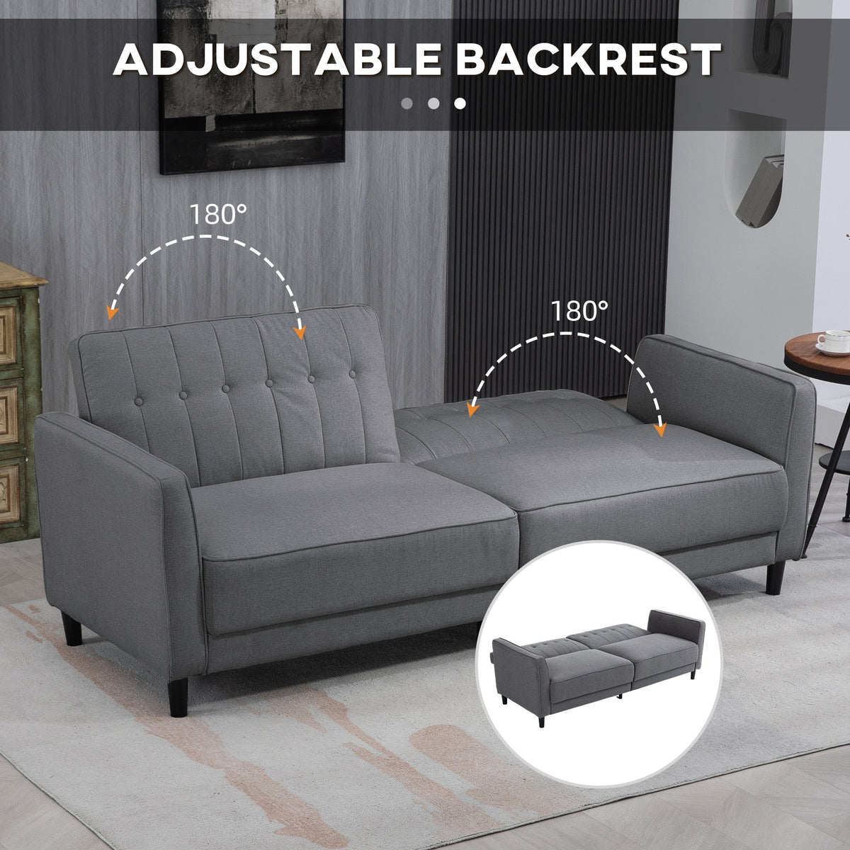 Convertible Bed with Couch, Button Tufted Fabric Sofa Bed with Adjustable Back for Living Room, Charcoal Grey