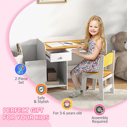 Kids Desk and Chair Set for 3-6 Year Old with Storage Drawer, Study Table and Chair for Children, White