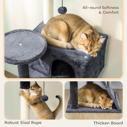 63 Inch Cat Tree with Sisal Scratching Posts, Condos, Plush Perches, Hammock, Ladder, Dangling Balls, Beige
