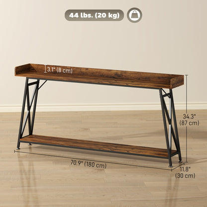 71" Extra Long Console Table with Storage Shelf and Guardrails, Industrial Entryway Table for Living Room, Rustic Brown